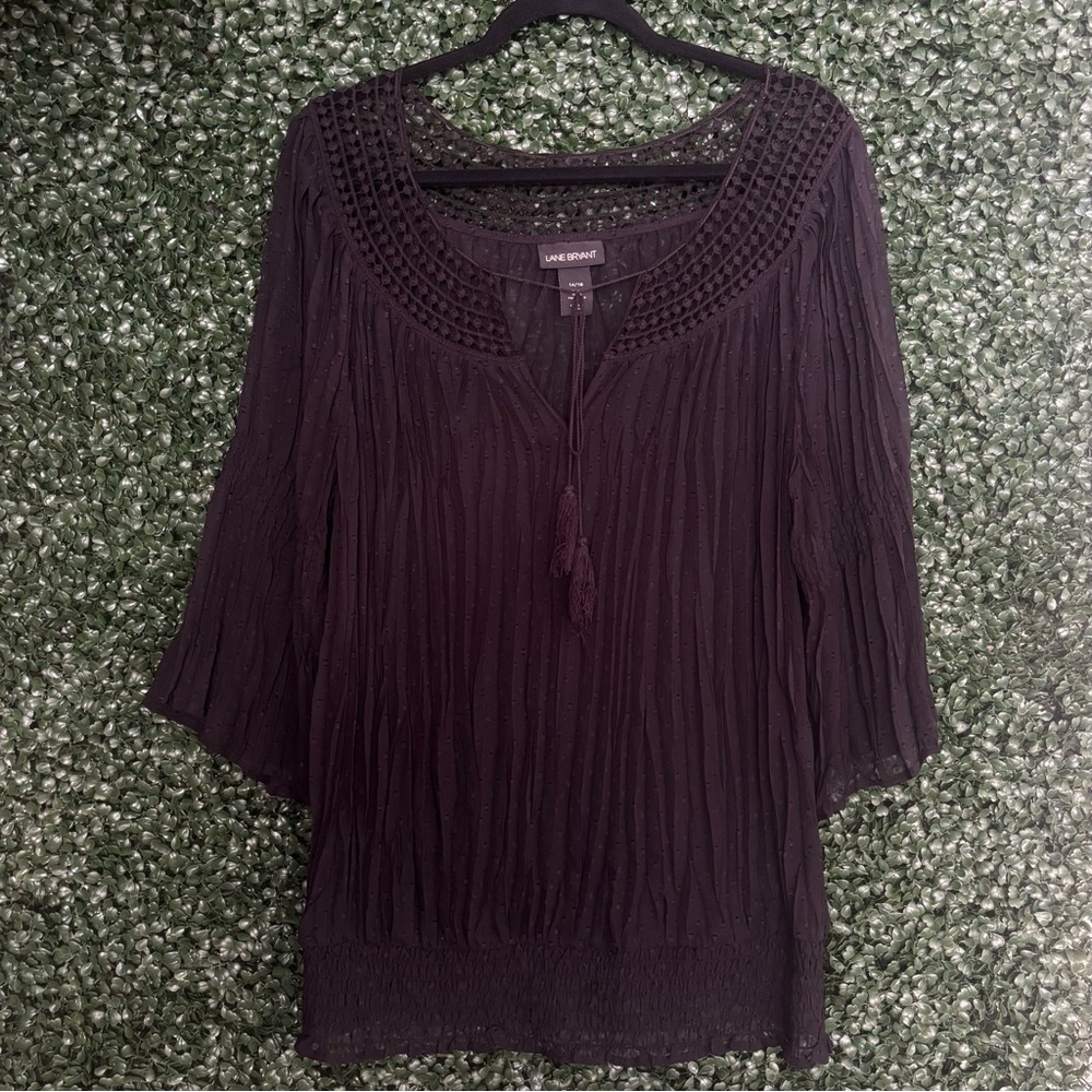 Lane Bryant Black Boho Sheer Pleated Crochet Peasant Top 14/16 W/ Tassels - Picture 5 of 9
